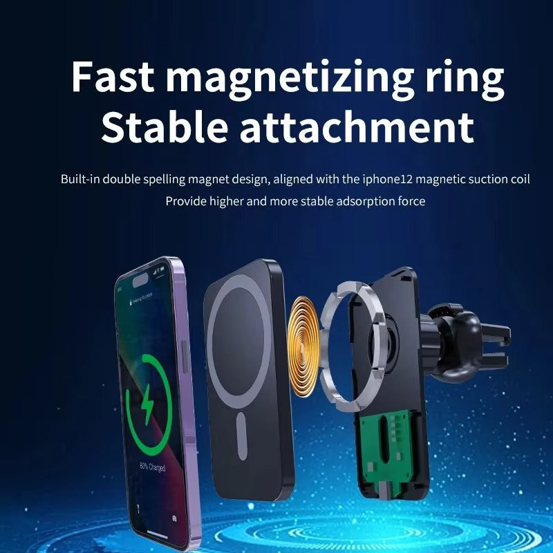 Premium iPhone MagSafe Magnetic Car Wireless Charger, Fast Charging Phone Mount with 360° Rotation, Air Vent Holder & Type-C Input