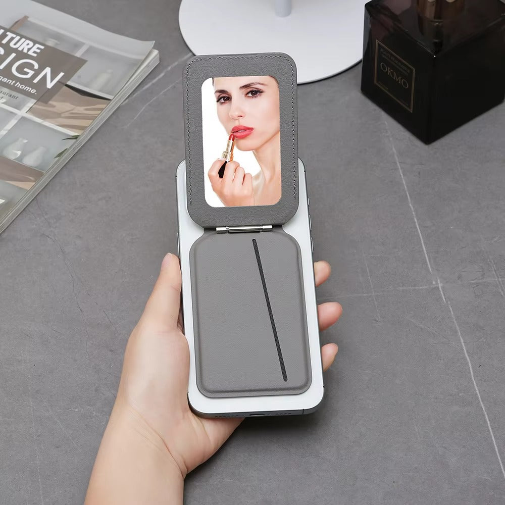 Refined iPhone Magnetic Wallet Stand with Mirror, MagSafe-Compatible PU Leather Card Holder with Adjustable Kickstand Design