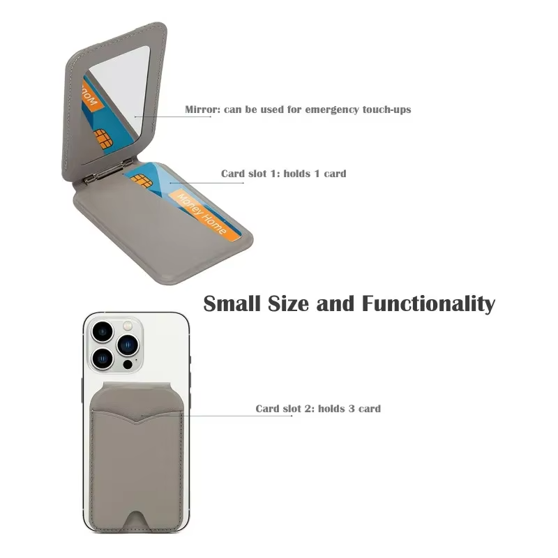 Refined iPhone Magnetic Wallet Stand with Mirror, MagSafe-Compatible PU Leather Card Holder with Adjustable Kickstand Design