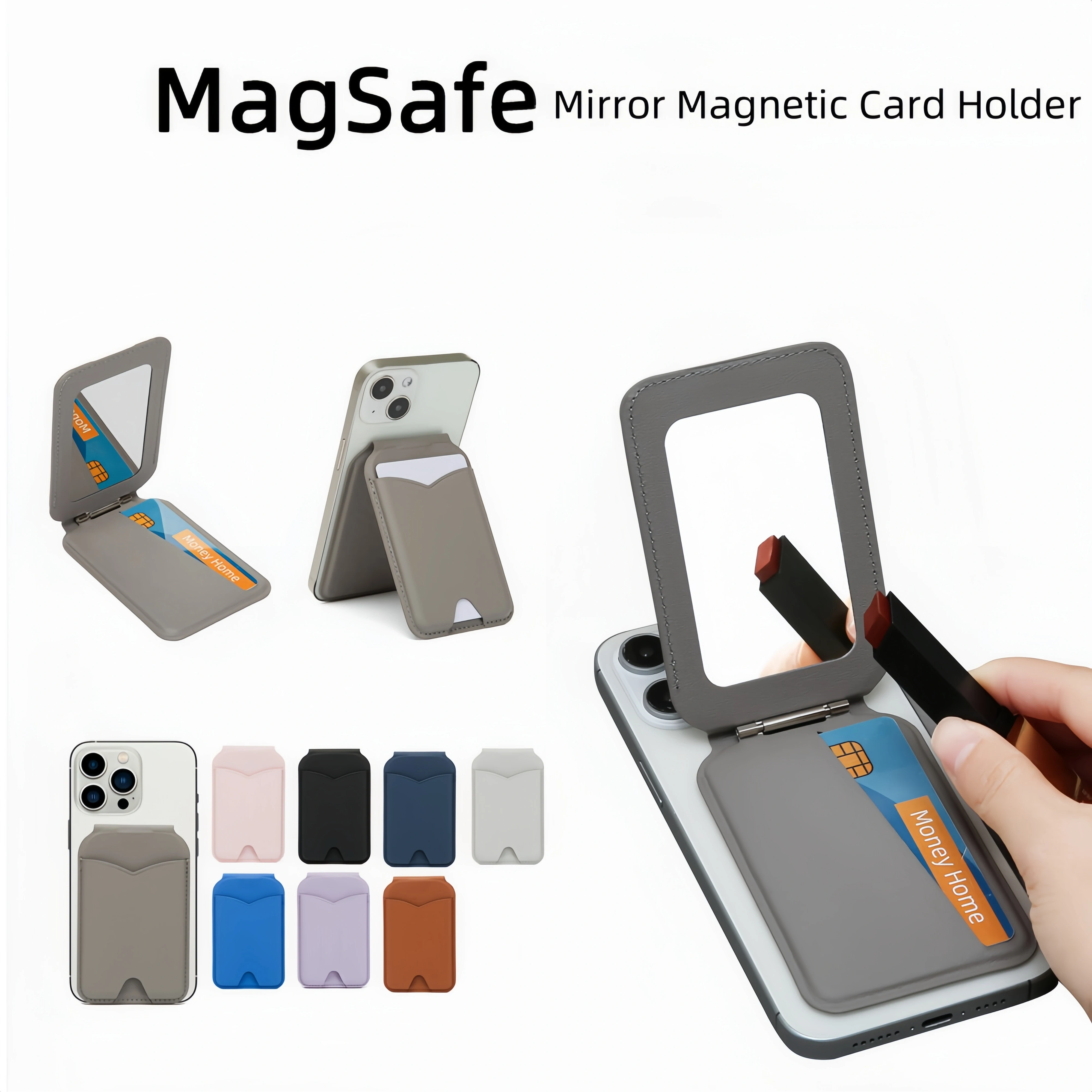 Refined iPhone Magnetic Wallet Stand with Mirror, MagSafe-Compatible PU Leather Card Holder with Adjustable Kickstand Design