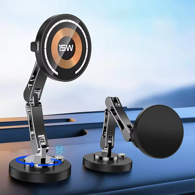 Rugged Magnetic Car Wireless Charger Stand, 15W Fast-Charge Metal Mount with 360° Rotation and Foldable Design