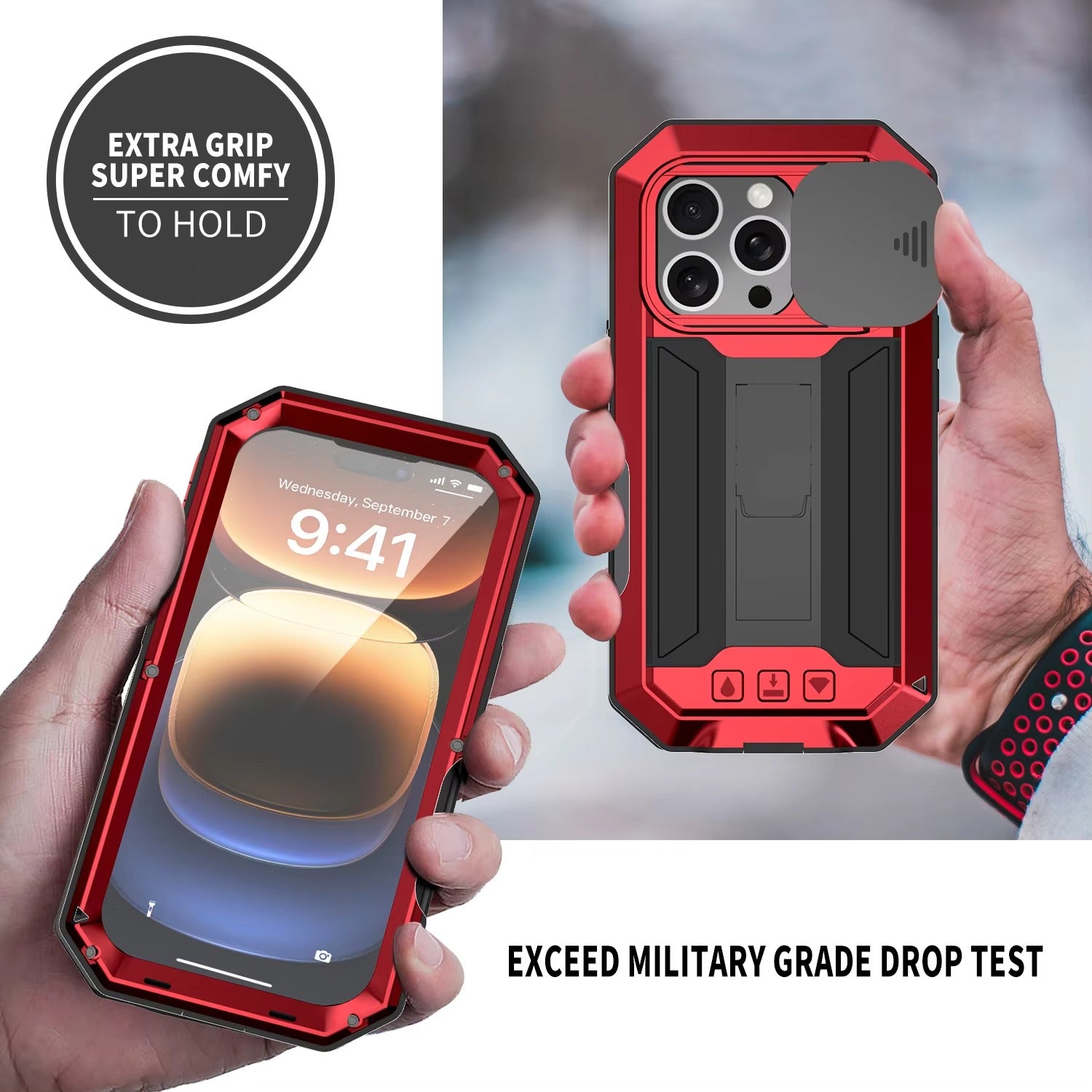 Rugged iPhone Case 360° Full Protection Shockproof — Metal Frame with Tempered Glass, Slide Camera Cover, Built-In Stand, Dustproof & Drop-Resistant Design