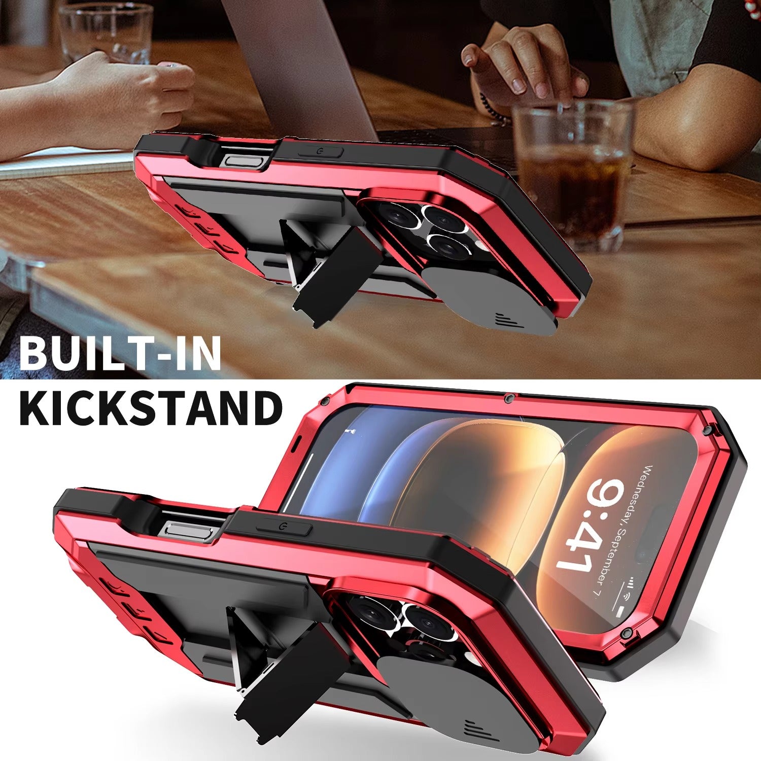 Rugged iPhone Case 360° Full Protection Shockproof — Metal Frame with Tempered Glass, Slide Camera Cover, Built-In Stand, Dustproof & Drop-Resistant Design