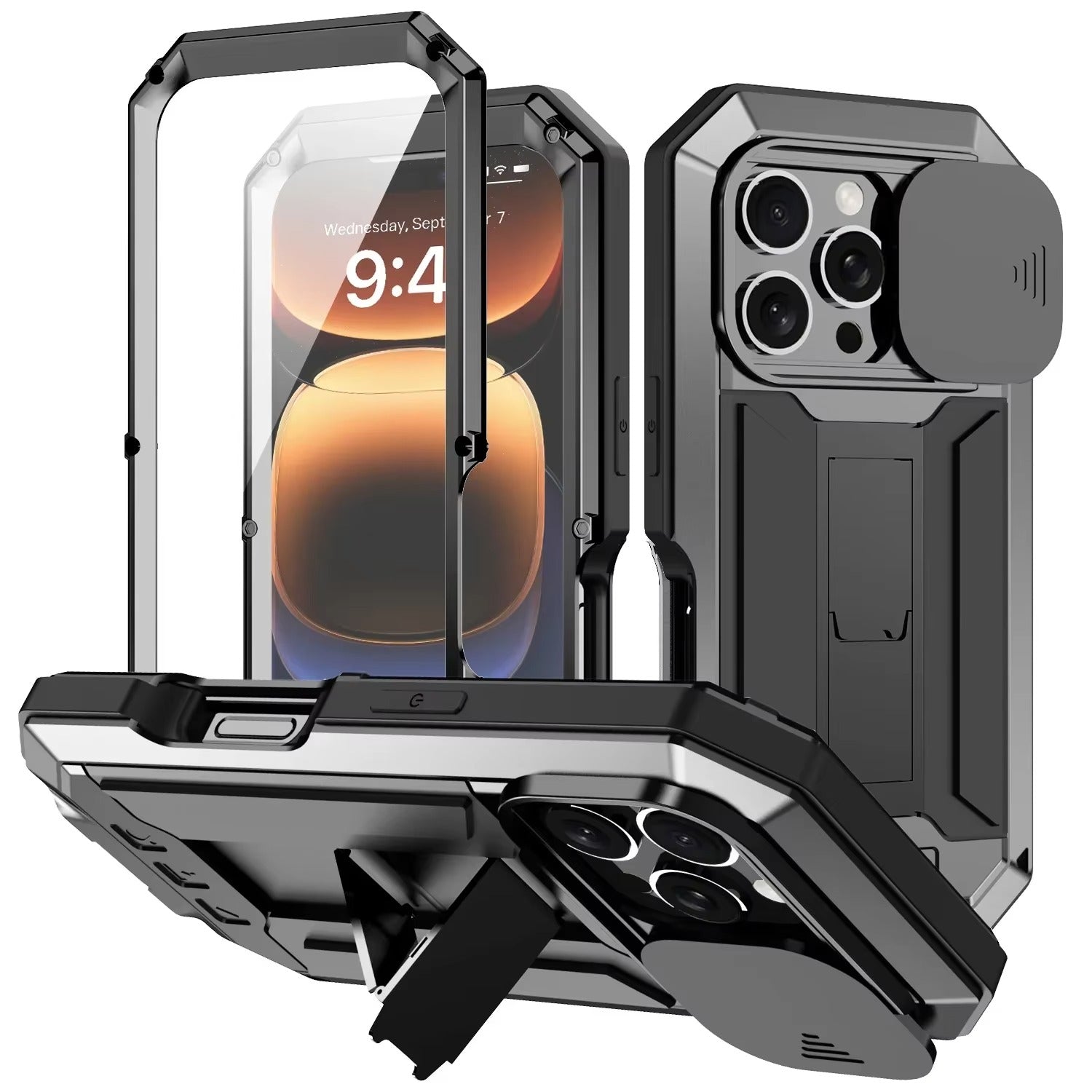 Rugged iPhone Case 360° Full Protection Shockproof — Metal Frame with Tempered Glass, Slide Camera Cover, Built-In Stand, Dustproof & Drop-Resistant Design