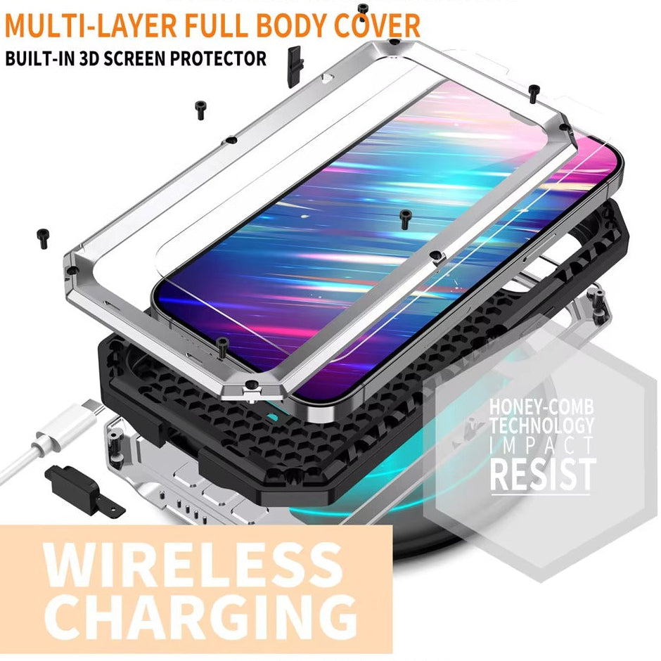Rugged iPhone Case 360° Full Protection Shockproof — Metal Frame with Tempered Glass, Slide Camera Cover, Built-In Stand, Dustproof & Drop-Resistant Design