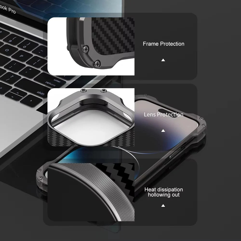 Rugged iPhone Case Carbon Fiber Magnetic Cover — Heavy Duty Metal Frame, MagSafe Wireless Charging Compatible, Shockproof Anti-Scratch Non-Slip Protection