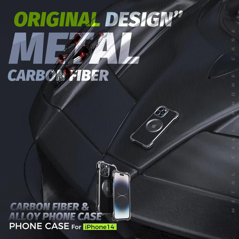 Rugged iPhone Case Carbon Fiber Magnetic Cover — Heavy Duty Metal Frame, MagSafe Wireless Charging Compatible, Shockproof Anti-Scratch Non-Slip Protection