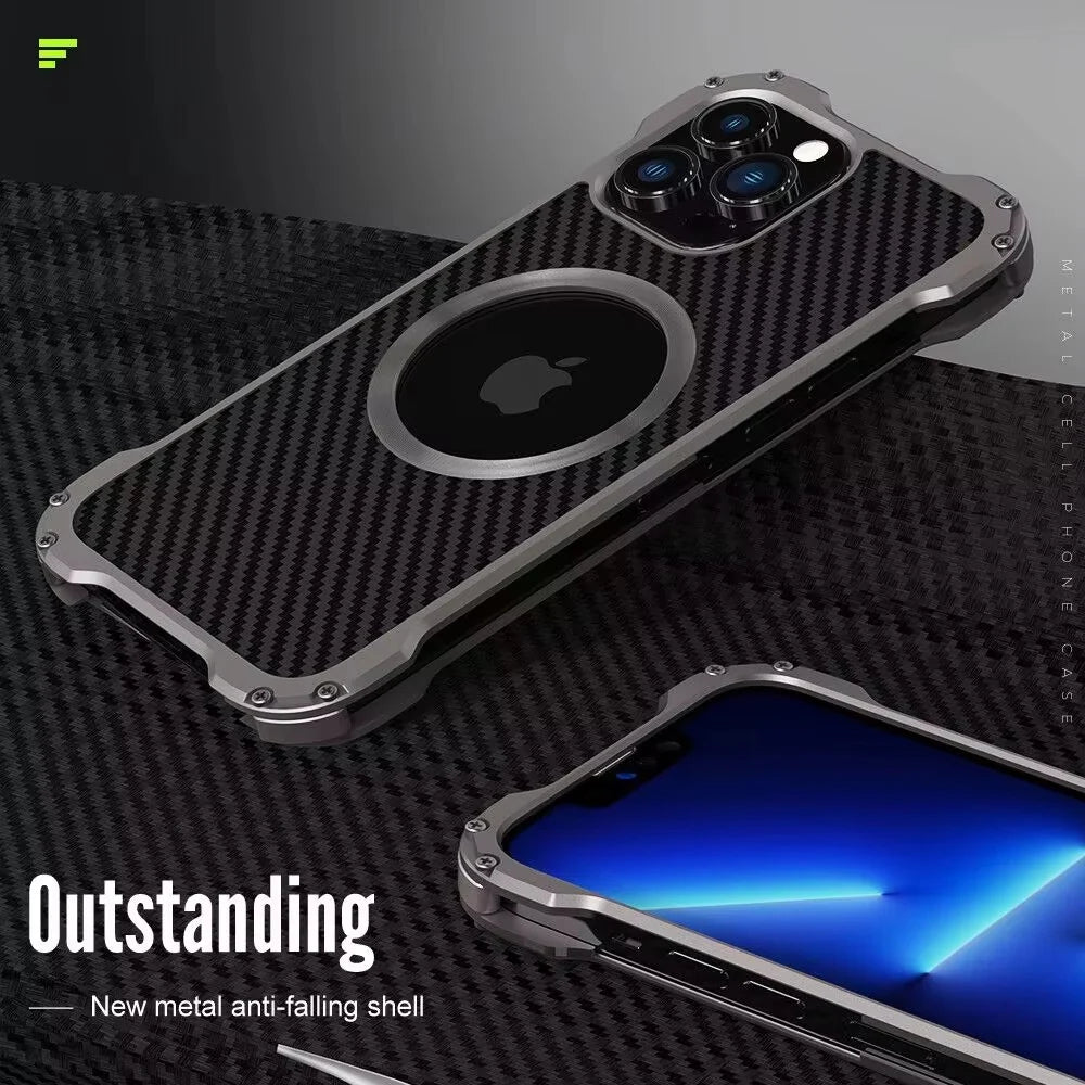 Rugged iPhone Case Carbon Fiber Magnetic Cover — Heavy Duty Metal Frame, MagSafe Wireless Charging Compatible, Shockproof Anti-Scratch Non-Slip Protection