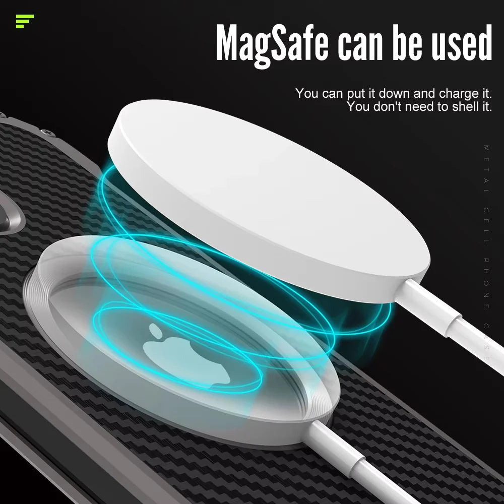Rugged iPhone Case Carbon Fiber Magnetic Cover — Heavy Duty Metal Frame, MagSafe Wireless Charging Compatible, Shockproof Anti-Scratch Non-Slip Protection