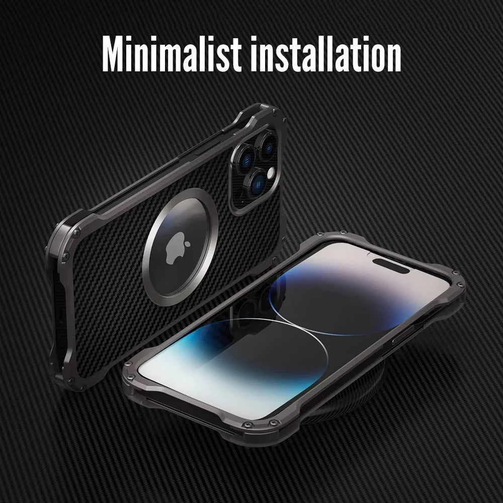 Rugged iPhone Case Carbon Fiber Magnetic Cover — Heavy Duty Metal Frame, MagSafe Wireless Charging Compatible, Shockproof Anti-Scratch Non-Slip Protection