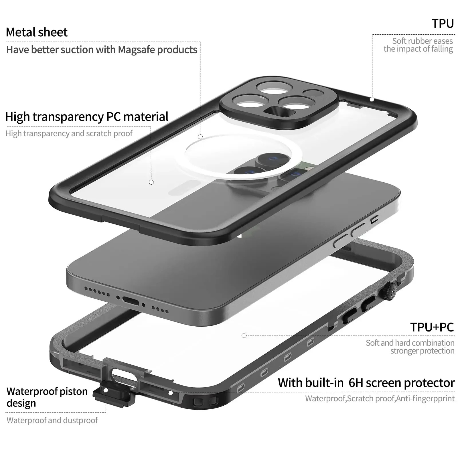 Rugged iPhone Case IP68 Waterproof MagSafe Cover — Full Body Protective Design for Diving and Swimming, Magnetic Shockproof Anti-Fingerprint Scratch-Resistant Finish
