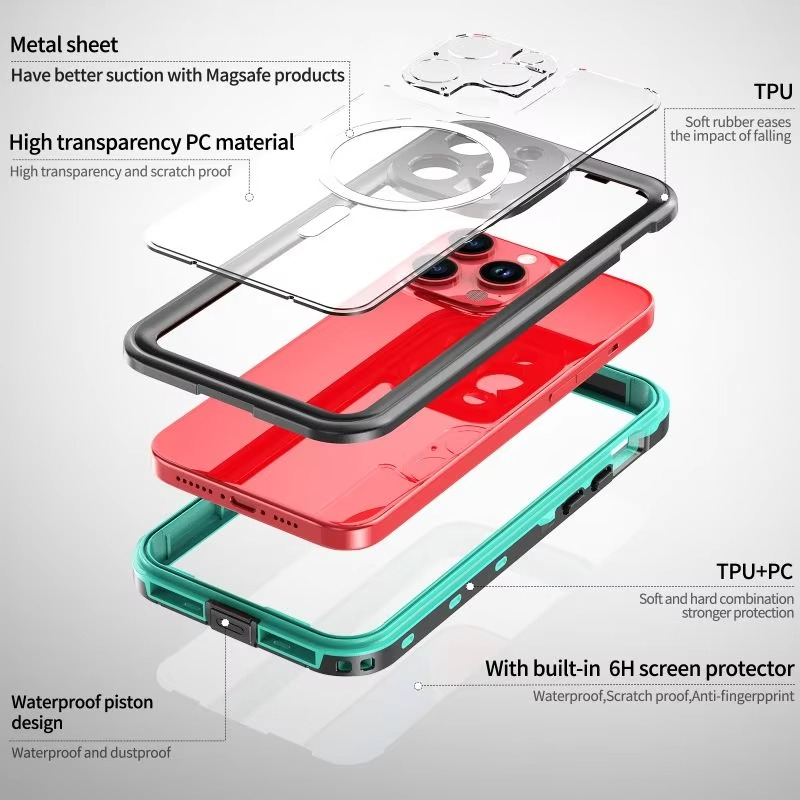 Rugged iPhone Case IP68 Waterproof MagSafe Cover — Full Body Protective Design for Diving and Swimming, Magnetic Shockproof Anti-Fingerprint Scratch-Resistant Finish