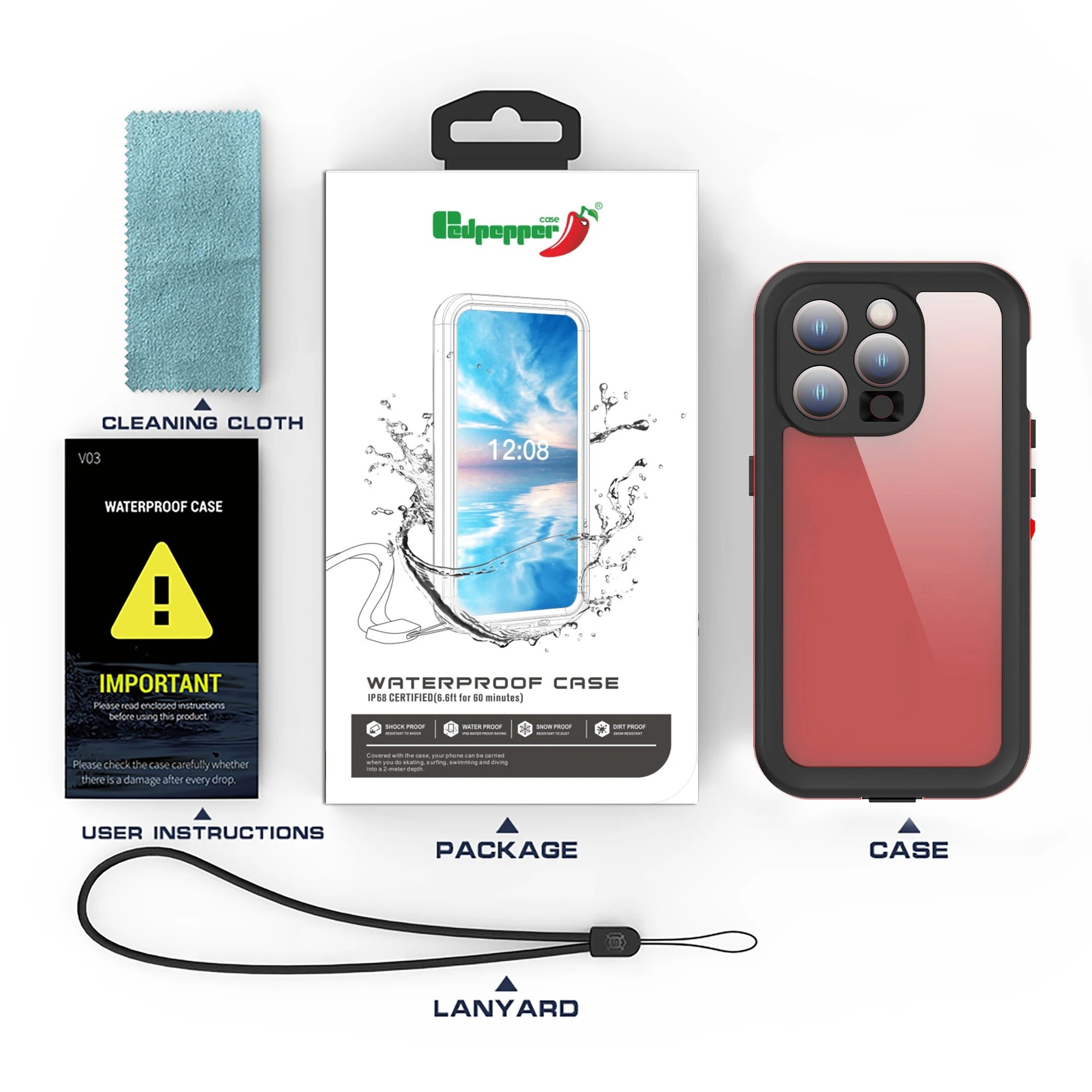 Rugged iPhone Case Shellbox Ultra-Thin Clear Cover — IP68 Waterproof Design with Hanging Rope, Transparent Anti-Fingerprint Scratch-Resistant Protection