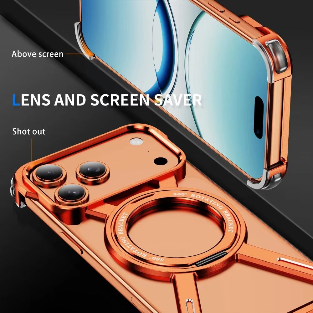 Rugged iPhone Case — Aluminum Alloy Metal Bumper Cover with 360° Rotating Magnetic Kickstand, Airbag Anti-Drop Protection and Durable Shockproof Design