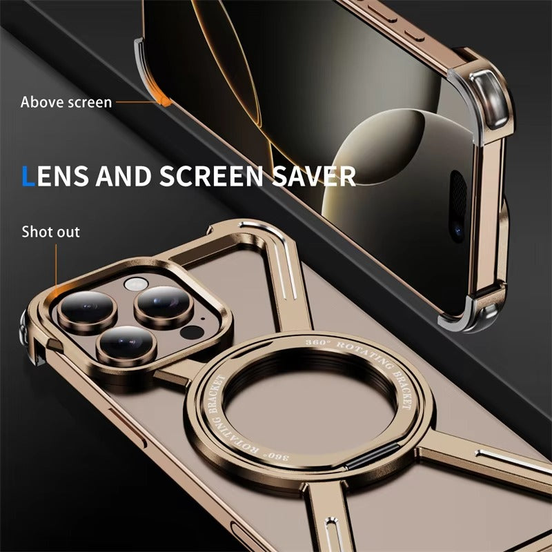 Rugged iPhone Case — Aluminum Alloy Metal Bumper Cover with 360° Rotating Magnetic Kickstand, Airbag Anti-Drop Protection and Durable Shockproof Design