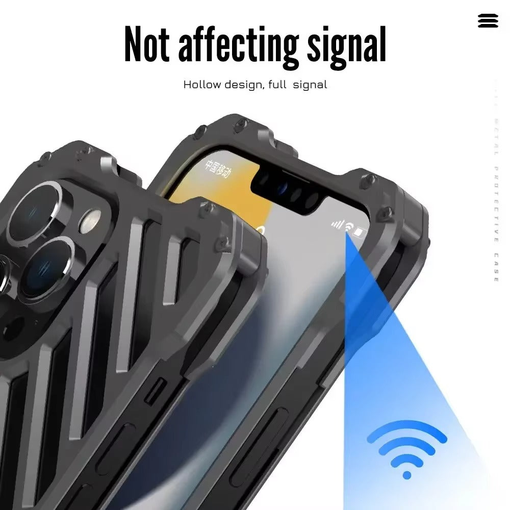 Rugged iPhone Case — Aluminum Armor Bumper with 3D Camera Lens Protective Frame, Shockproof Metal Gear Design & Transparent Hard Cover