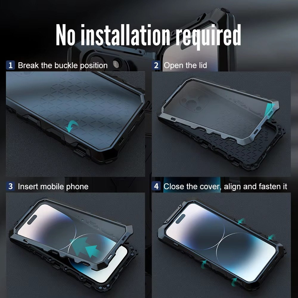 Rugged iPhone Case — Aluminum Military Metal Bumper with Screen Protector, Shockproof Silicone Back, Heavy-Duty Water-Resistant Non-Slip Design