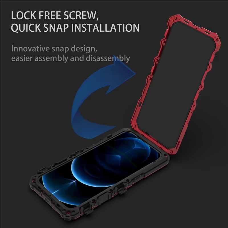 Rugged iPhone Case — Aluminum Military Metal Bumper with Screen Protector, Shockproof Silicone Back, Heavy-Duty Water-Resistant Non-Slip Design