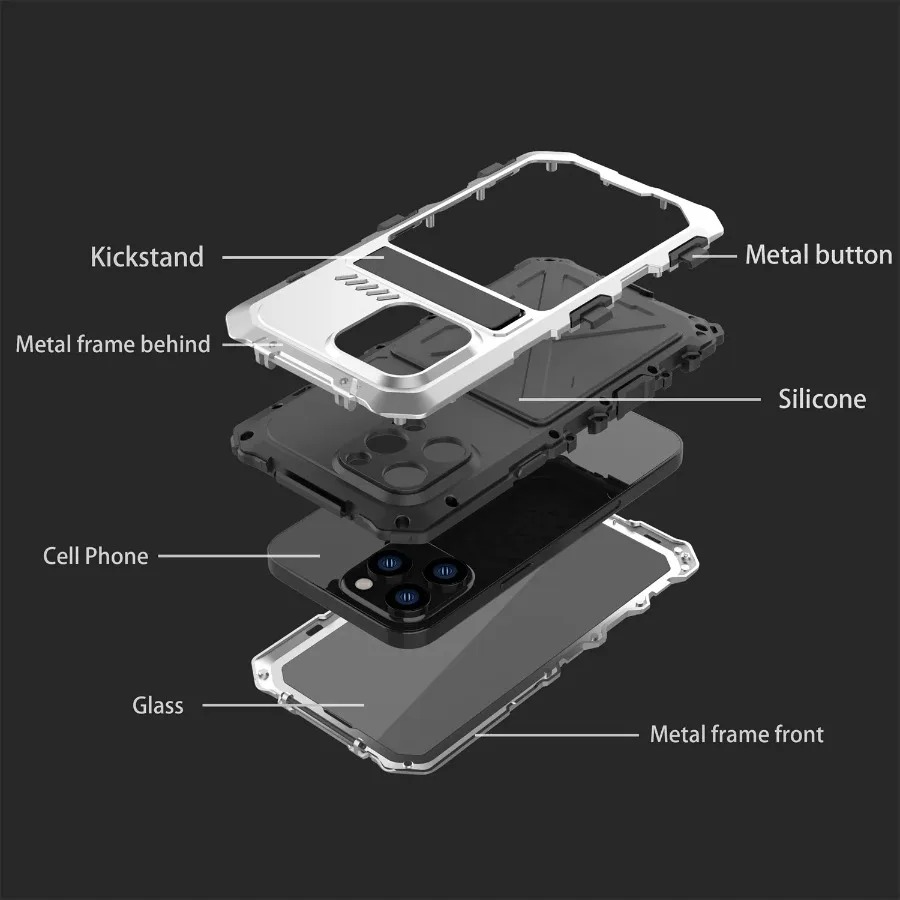 Rugged iPhone Case — Aluminum Military Metal Bumper with Screen Protector, Shockproof Silicone Back, Heavy-Duty Water-Resistant Non-Slip Design