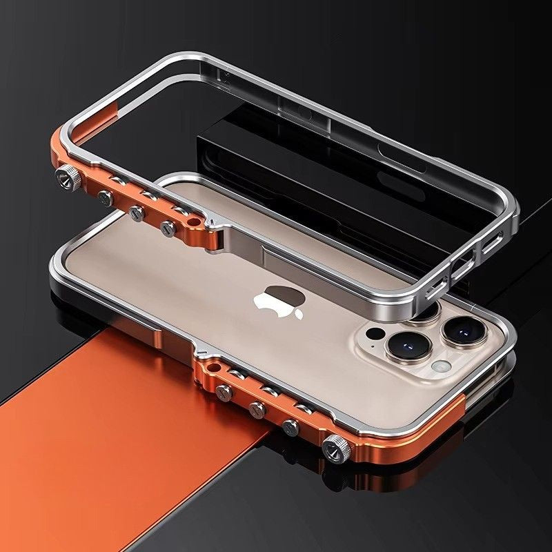 Rugged iPhone Case — Cyberpunk Aluminum Alloy Mechanical Bumper with Shockproof Metal Frame and Heavy-Duty Drop Protection