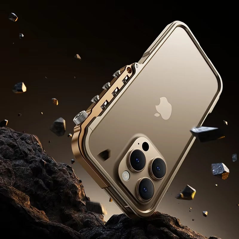 Rugged iPhone Case — Full-Metal Mechanical Mecha Cover with Military-Grade Shockproof Aluminum Design, Lightweight Drop-Proof Protection and Lanyard Support