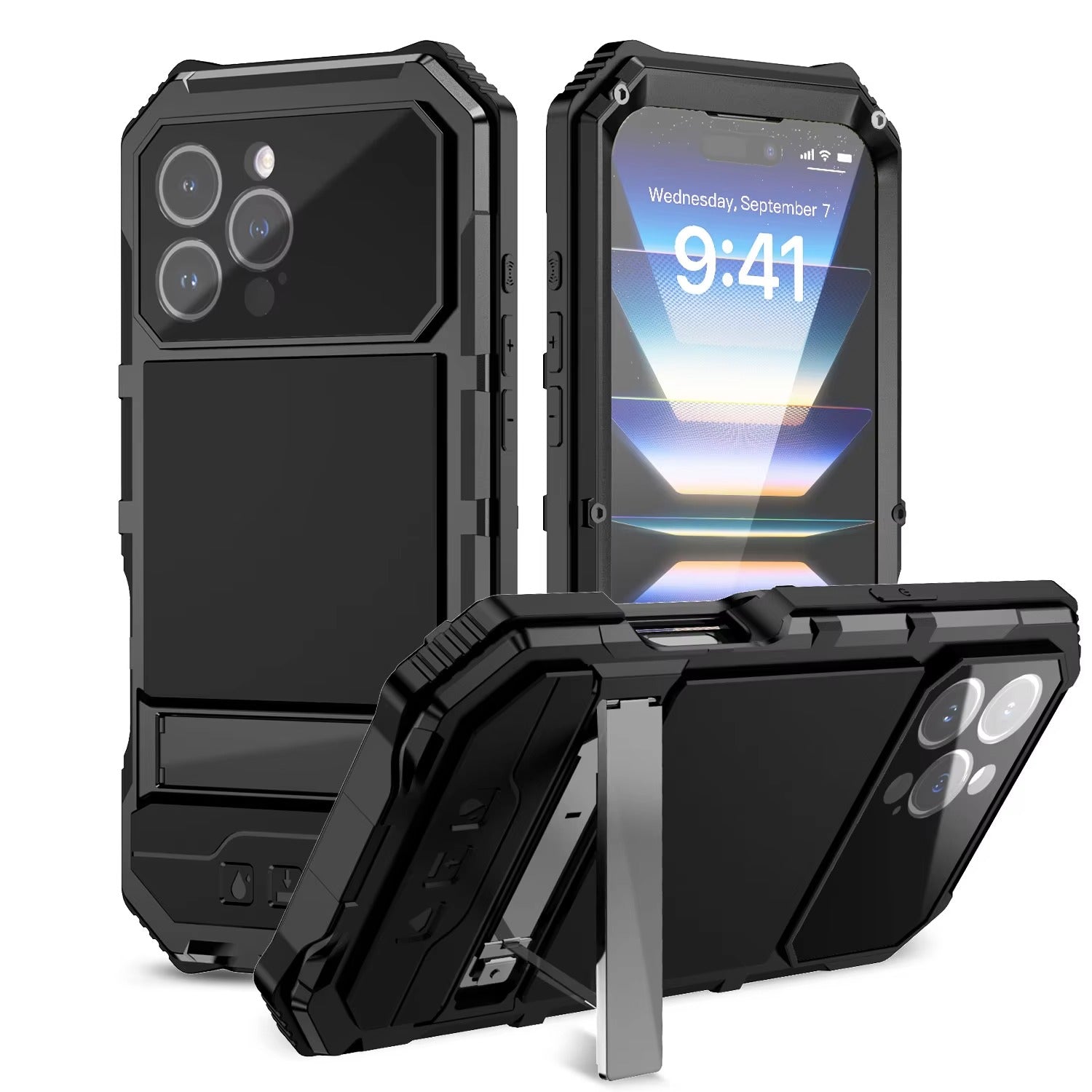 Rugged iPhone Case — Heavy-Duty Aluminum Armor Cover with Built-In Glass Screen Protector, Kickstand, Shockproof Dual-Layer Design and Dustproof Anti-Fingerprint Finish