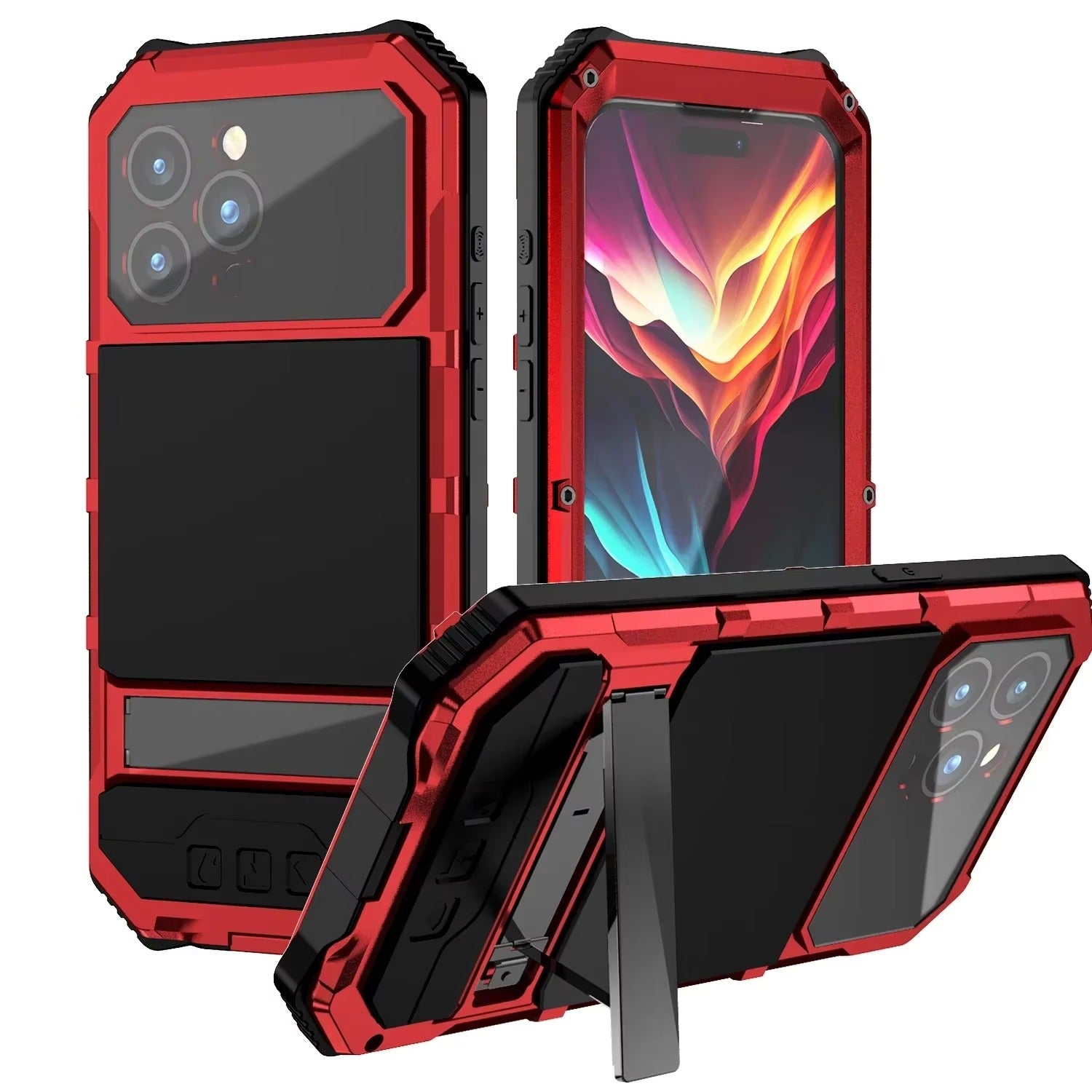 Rugged iPhone Case — Heavy-Duty Aluminum Armor Cover with Built-In Glass Screen & Lens Protectors, Shockproof Dual-Layer Design and Kickstand for Outdoor Use