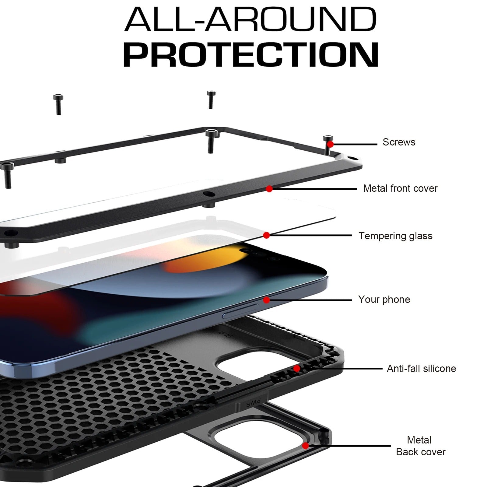 Rugged iPhone Case — Heavy-Duty Aluminum Armor Cover with Dual-Layer Metal + TPU Protection, Water-Resistant Dustproof Design and Shockproof Impact Truss