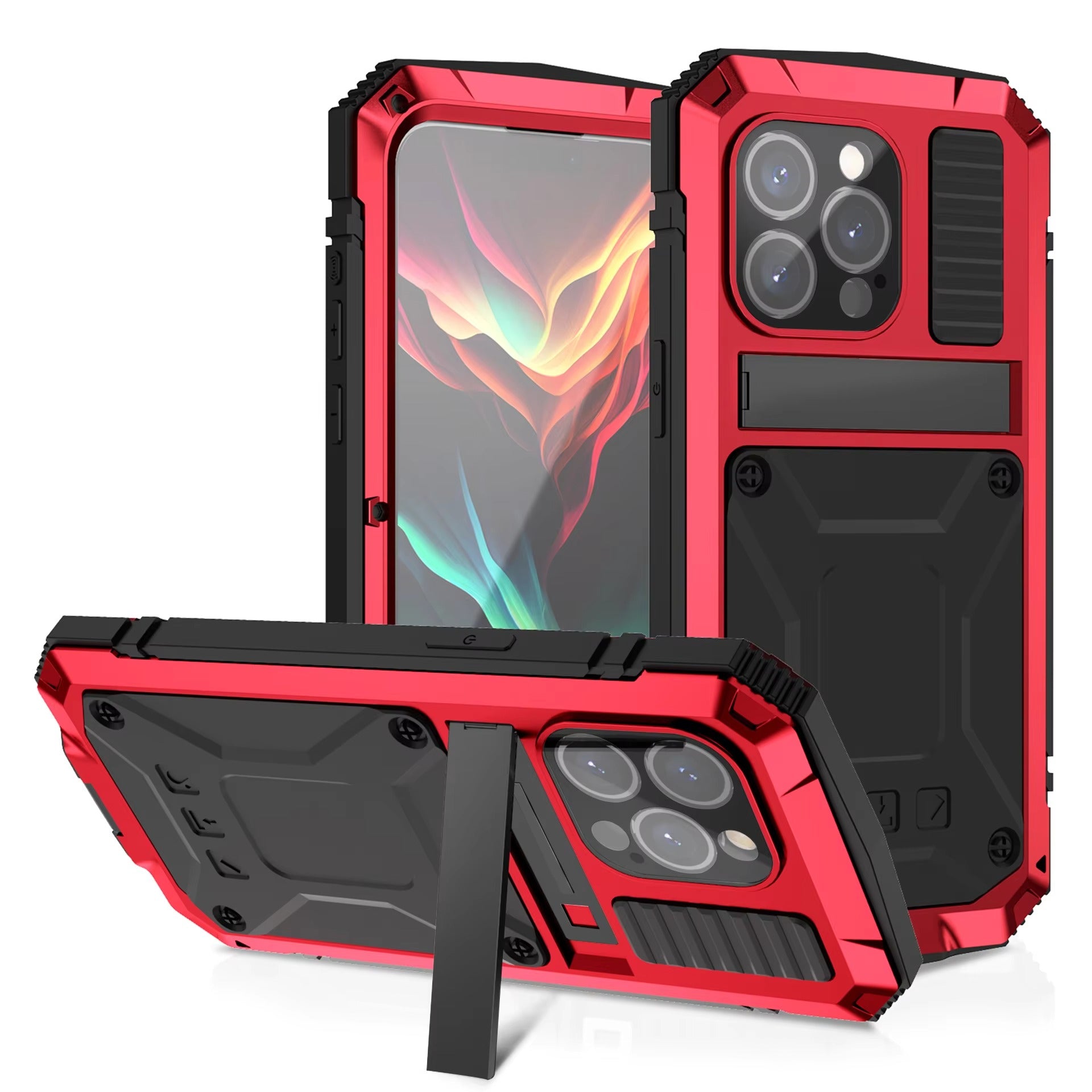 Rugged iPhone Case — Heavy-Duty Aluminum Metal Armor Cover with Tempered Glass Screen, Shockproof IP54 Water-Resistant Full-Body Protection and Kickstand
