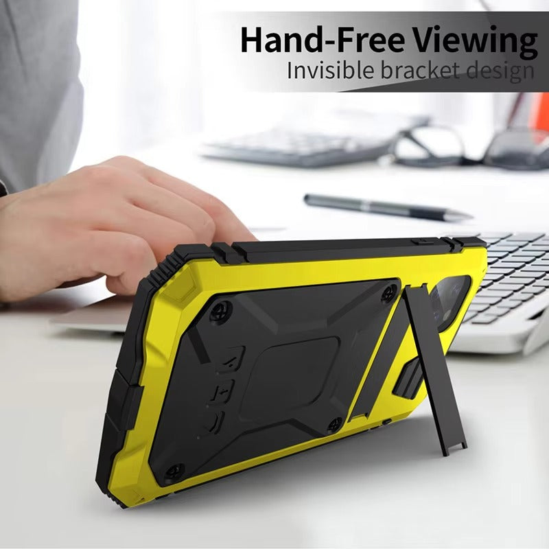 Rugged iPhone Case — Heavy-Duty Aluminum Metal Armor Cover with Tempered Glass Screen, Shockproof IP54 Water-Resistant Full-Body Protection and Kickstand