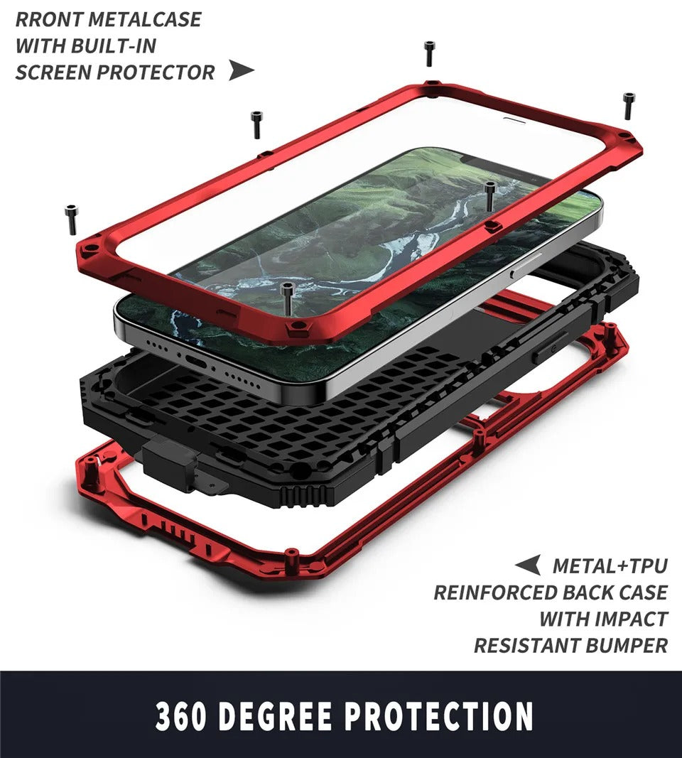 Rugged iPhone Case — Heavy-Duty Aluminum Metal Armor Cover with Tempered Glass Screen, Shockproof IP54 Water-Resistant Full-Body Protection and Kickstand