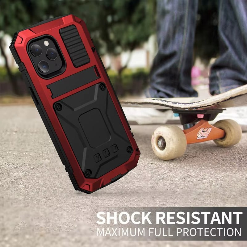 Rugged iPhone Case — Heavy-Duty Aluminum Metal Armor Cover with Tempered Glass Screen, Shockproof IP54 Water-Resistant Full-Body Protection and Kickstand
