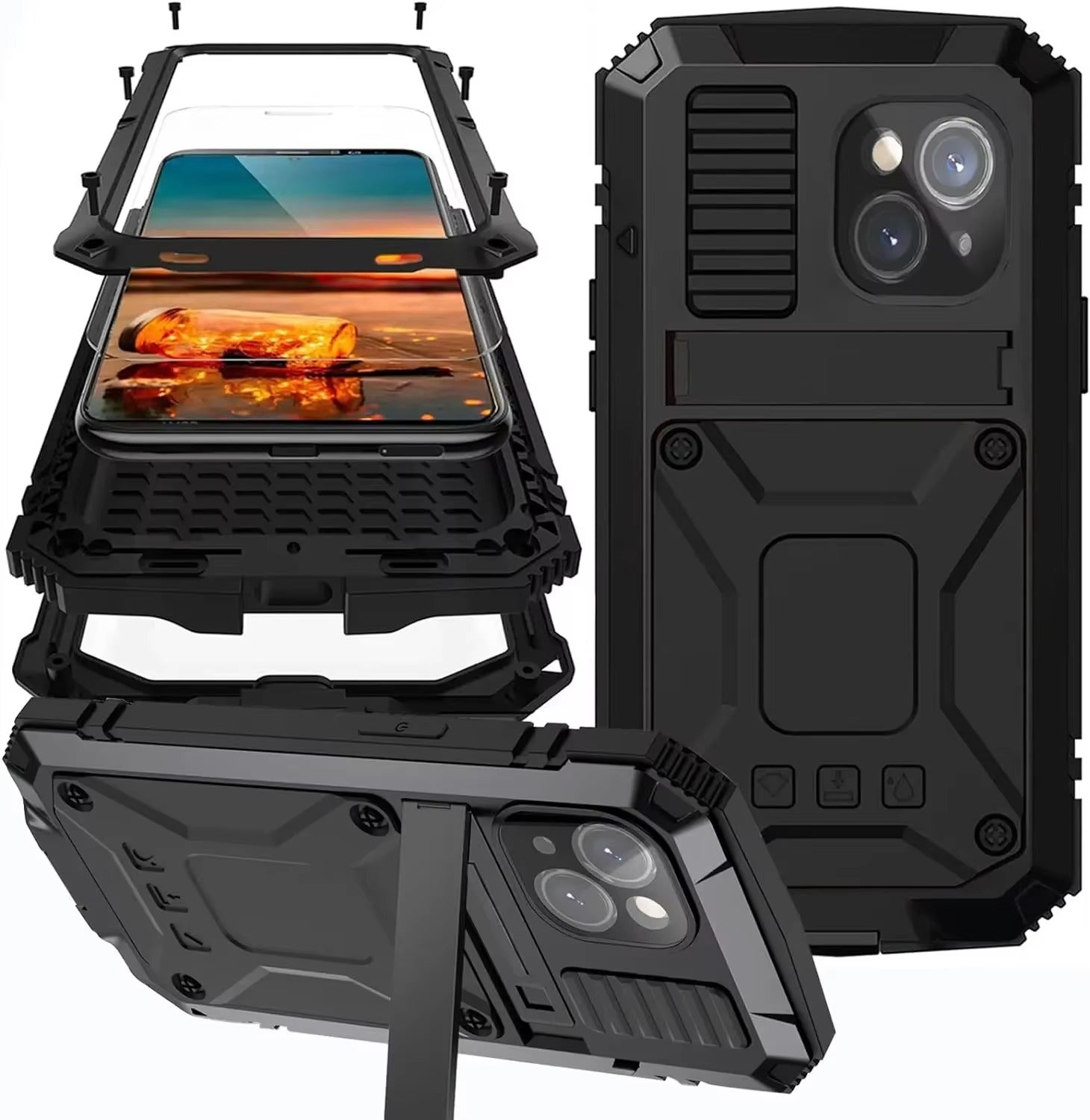 Rugged iPhone Case — Heavy-Duty Aluminum Metal Cover with Screen & Lens Protector, Dual-Layer Shockproof Design, IP54 Dustproof Water-Resistant Finish