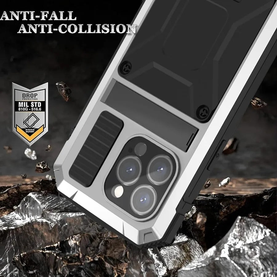 Rugged iPhone Case — Heavy-Duty Aluminum Metal Cover with Screen & Lens Protector, Dual-Layer Shockproof Design, IP54 Dustproof Water-Resistant Finish
