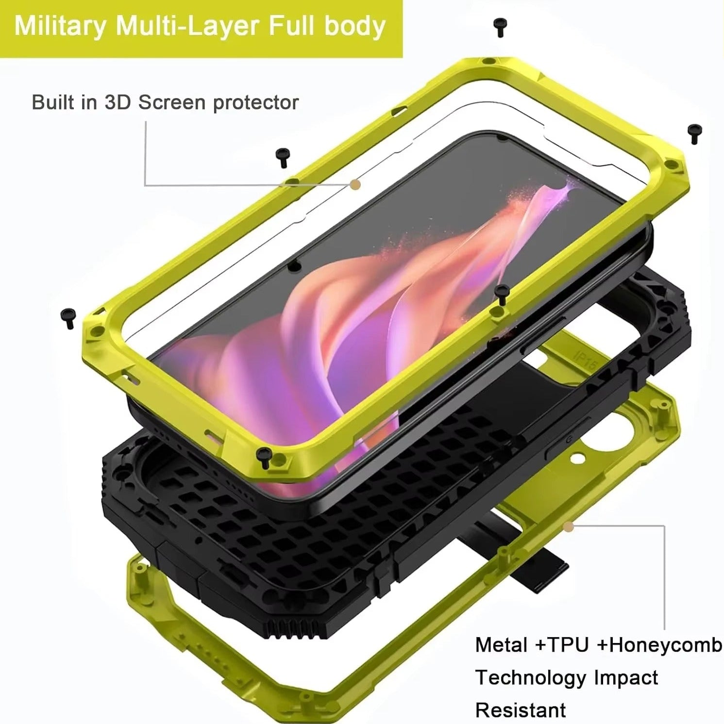 Rugged iPhone Case — Heavy-Duty Aluminum Metal Cover with Screen & Lens Protector, Dual-Layer Shockproof Design, IP54 Dustproof Water-Resistant Finish