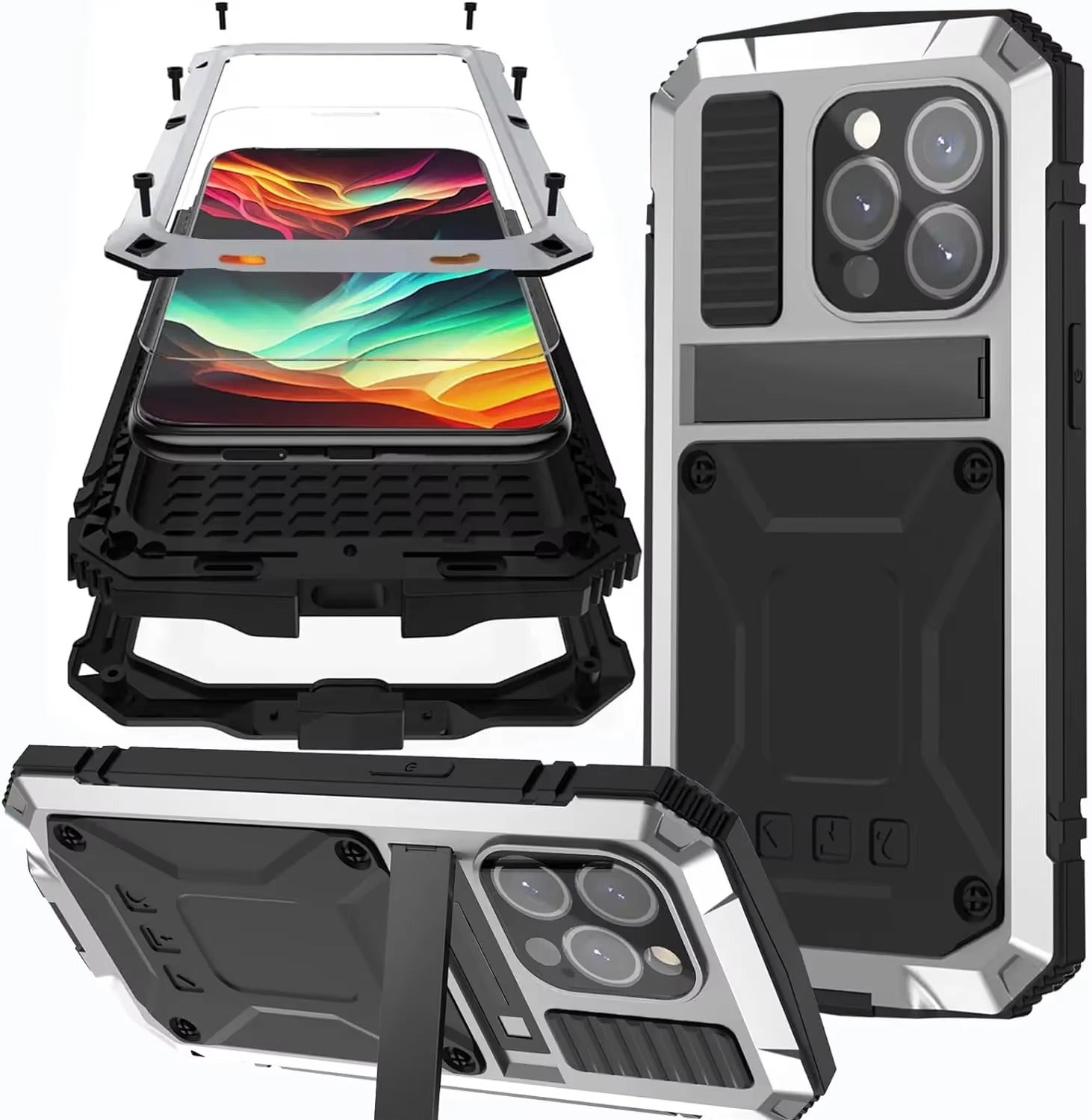 Rugged iPhone Case — Heavy-Duty Aluminum Metal Cover with Screen & Lens Protector, Dual-Layer Shockproof Design, IP54 Dustproof Water-Resistant Finish