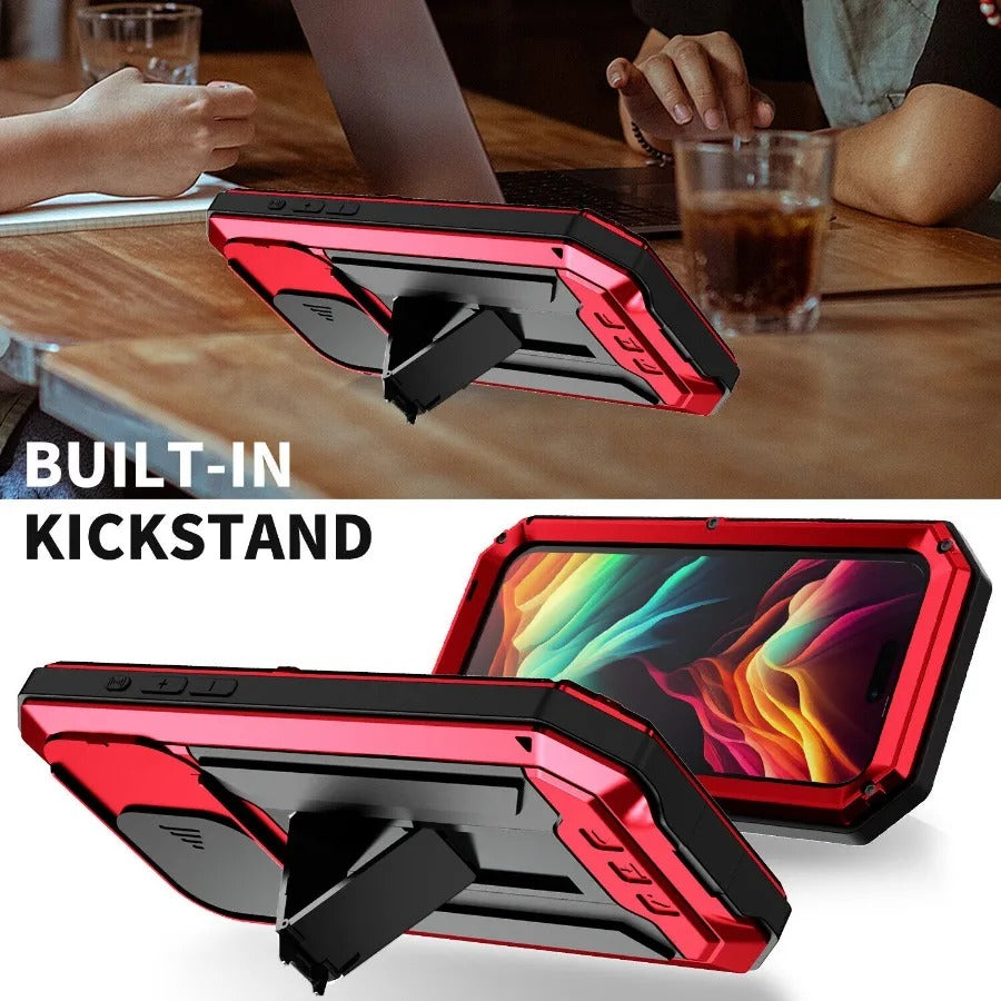 Rugged iPhone Case — Heavy-Duty Aluminum Metal Full-Body Cover with Tempered Glass Screen & Lens Slider, Shockproof Dual-Layer Protection and Multi-Angle Kickstand