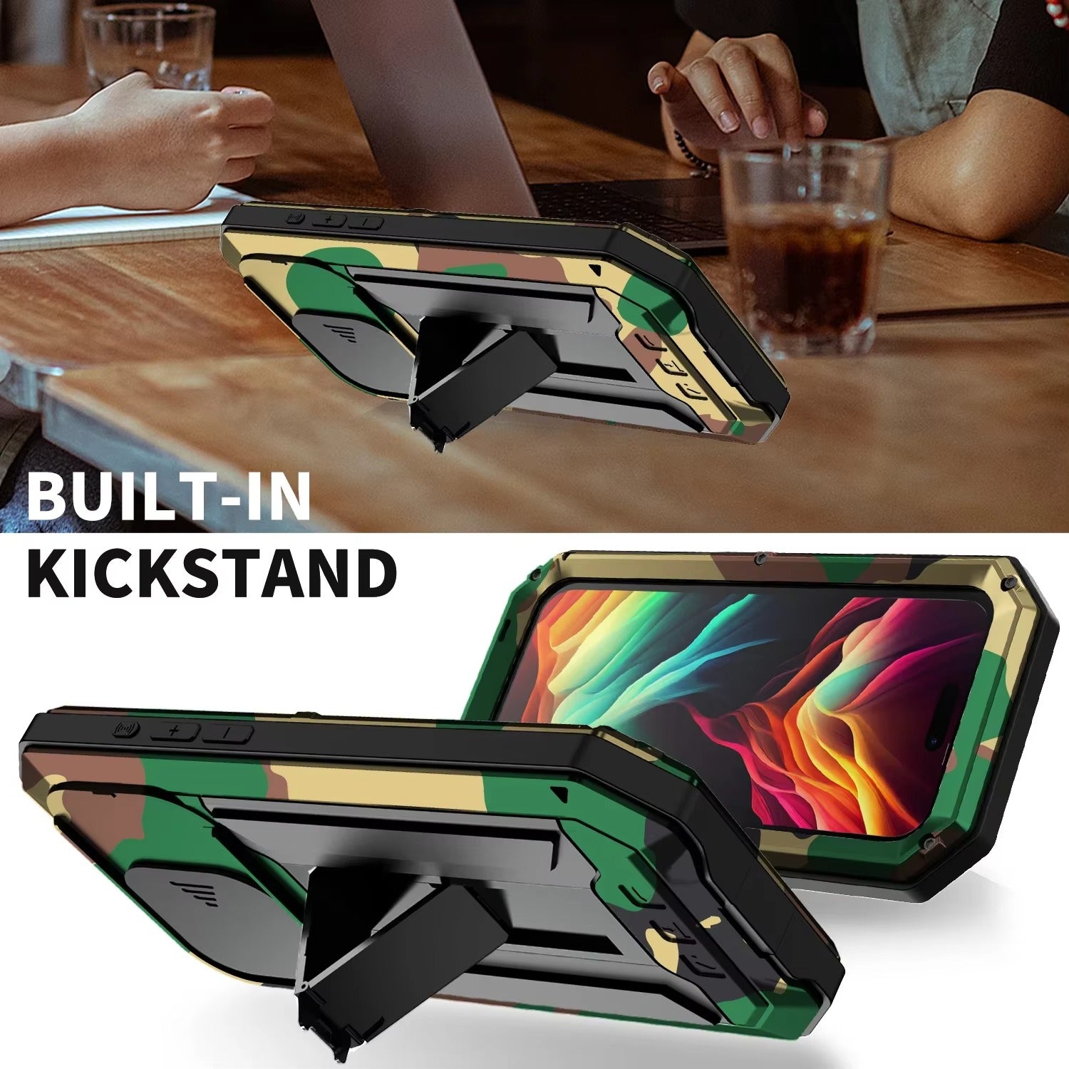 Rugged iPhone Case — Heavy-Duty Aluminum Metal Full-Body Cover with Tempered Glass Screen & Lens Slider, Shockproof Dual-Layer Protection and Multi-Angle Kickstand
