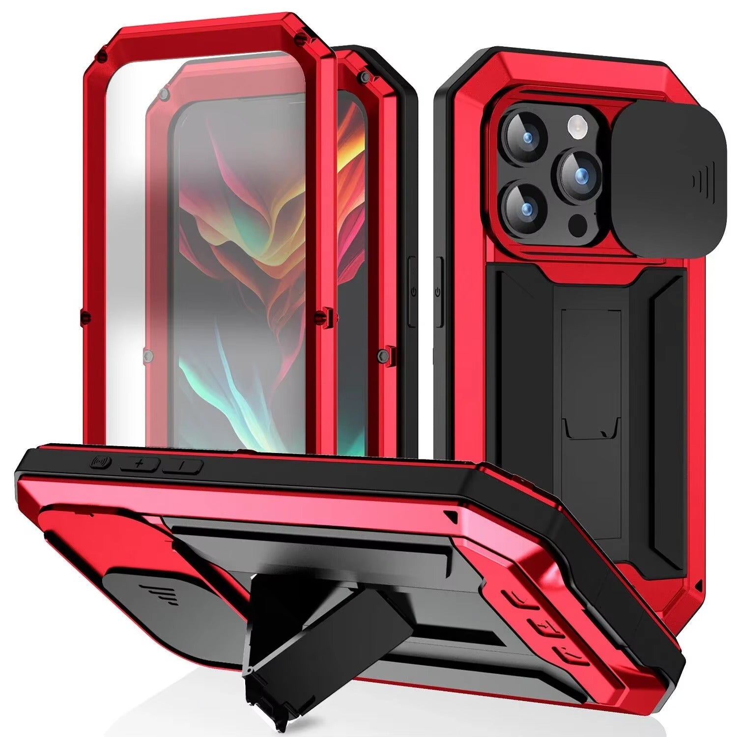Rugged iPhone Case — Heavy-Duty Aluminum Metal Full-Body Cover with Tempered Glass Screen & Lens Slider, Shockproof Dual-Layer Protection and Multi-Angle Kickstand
