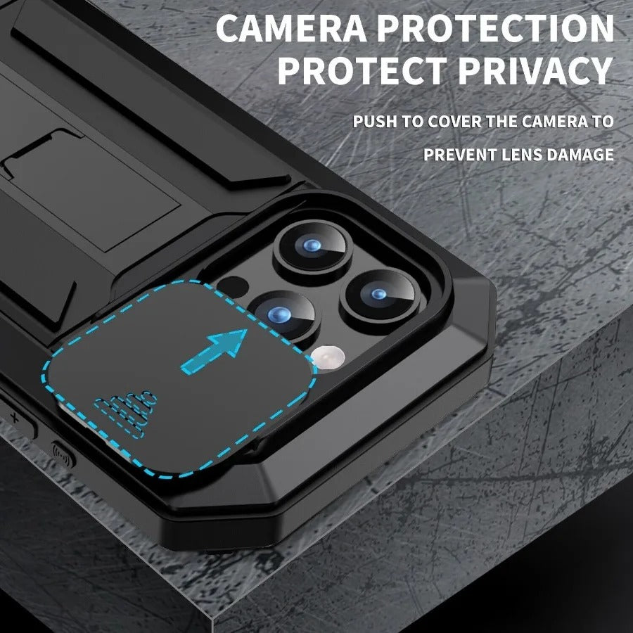 Rugged iPhone Case — Heavy-Duty Aluminum Metal Full-Body Cover with Tempered Glass Screen & Lens Slider, Shockproof Dual-Layer Protection and Multi-Angle Kickstand