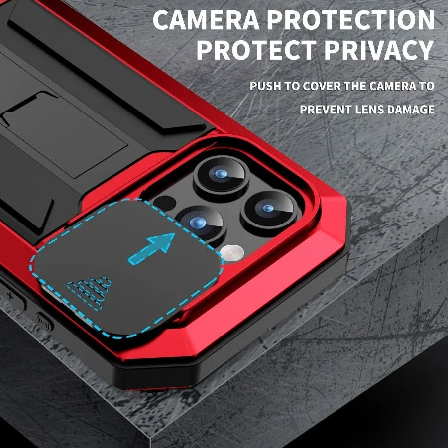Rugged iPhone Case — Heavy-Duty Aluminum Metal Full-Body Cover with Tempered Glass Screen & Lens Slider, Shockproof Dual-Layer Protection and Multi-Angle Kickstand