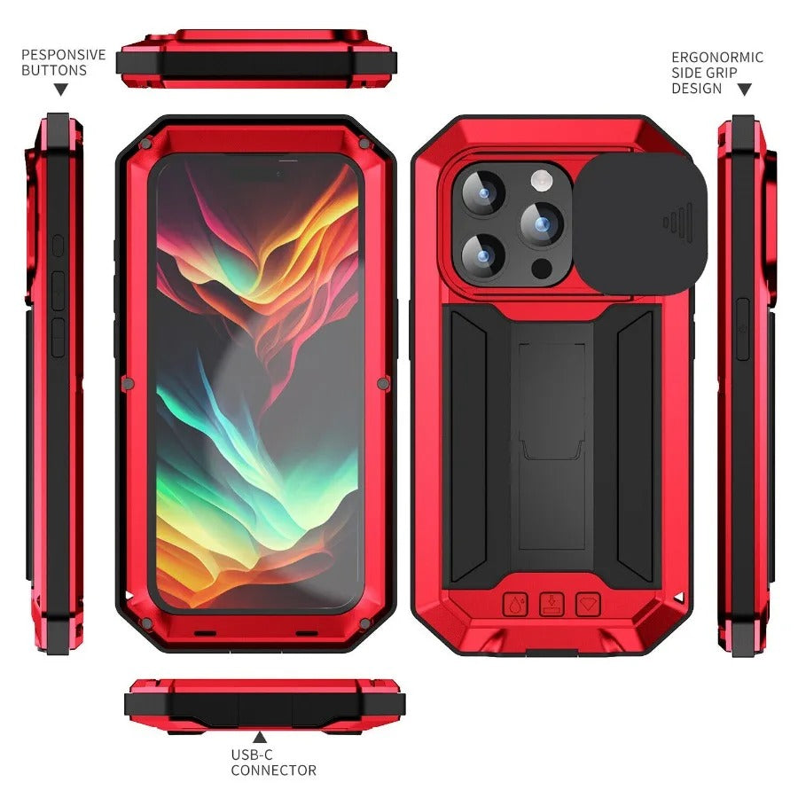 Rugged iPhone Case — Heavy-Duty Aluminum Metal Full-Body Cover with Tempered Glass Screen & Lens Slider, Shockproof Dual-Layer Protection and Multi-Angle Kickstand