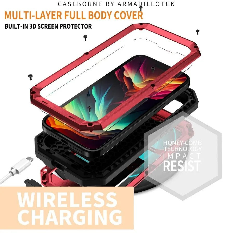 Rugged iPhone Case — Heavy-Duty Aluminum Metal Full-Body Cover with Tempered Glass Screen & Lens Slider, Shockproof Dual-Layer Protection and Multi-Angle Kickstand
