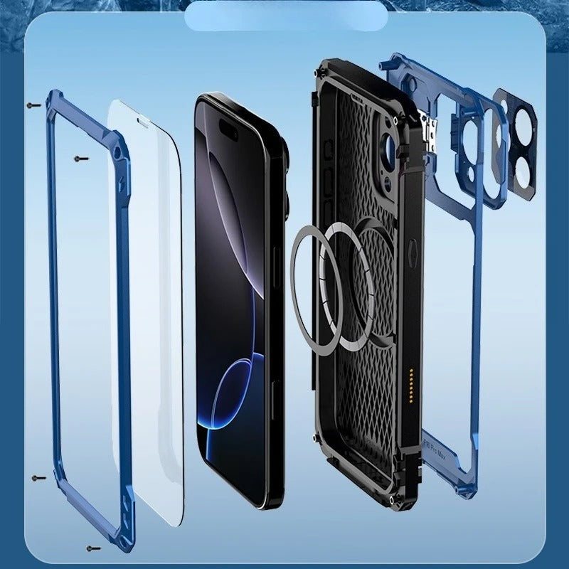 Rugged iPhone Case — Heavy-Duty Metal MagSafe Cover with Camera Guard Kickstand, 9H Screen & Lens Protectors, Dual-Layer Aluminum Bumper & Military-Grade Shockproof Design
