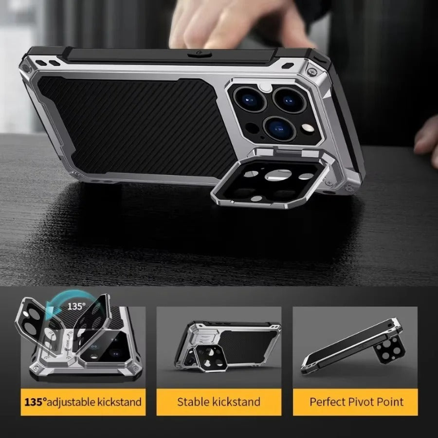 Rugged iPhone Case — Heavy-Duty Metal MagSafe Cover with Camera Guard Kickstand, 9H Screen & Lens Protectors, Dual-Layer Aluminum Bumper & Military-Grade Shockproof Design