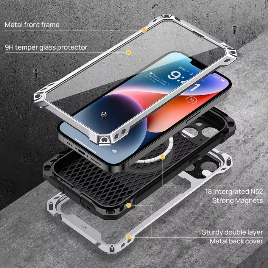 Rugged iPhone Case — Heavy-Duty Metal MagSafe Cover with Camera Guard Kickstand, 9H Screen & Lens Protectors, Dual-Layer Aluminum Bumper & Military-Grade Shockproof Design
