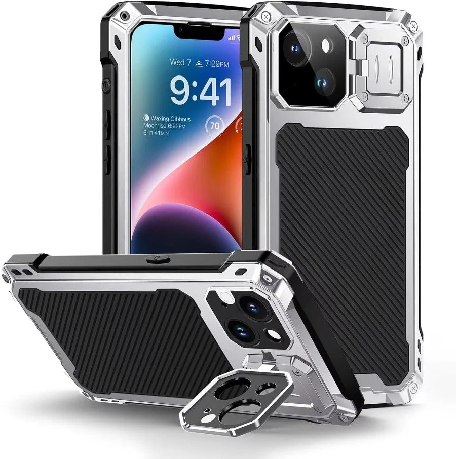 Rugged iPhone Case — Heavy-Duty Metal MagSafe Cover with Camera Guard Kickstand, 9H Screen & Lens Protectors, Dual-Layer Aluminum Bumper & Military-Grade Shockproof Design