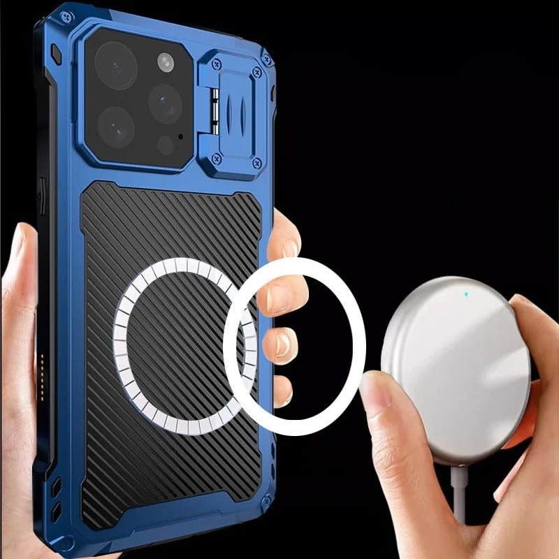 Rugged iPhone Case — Heavy-Duty Metal MagSafe Cover with Camera Guard Kickstand, 9H Screen & Lens Protectors, Dual-Layer Aluminum Bumper & Military-Grade Shockproof Design