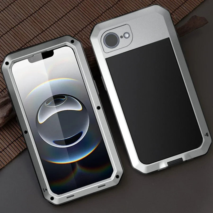 Rugged iPhone Case — Heavy-Duty Metal Protective Cover with Built-In Glass Screen Protector and Tough Shockproof TPU+PC Design