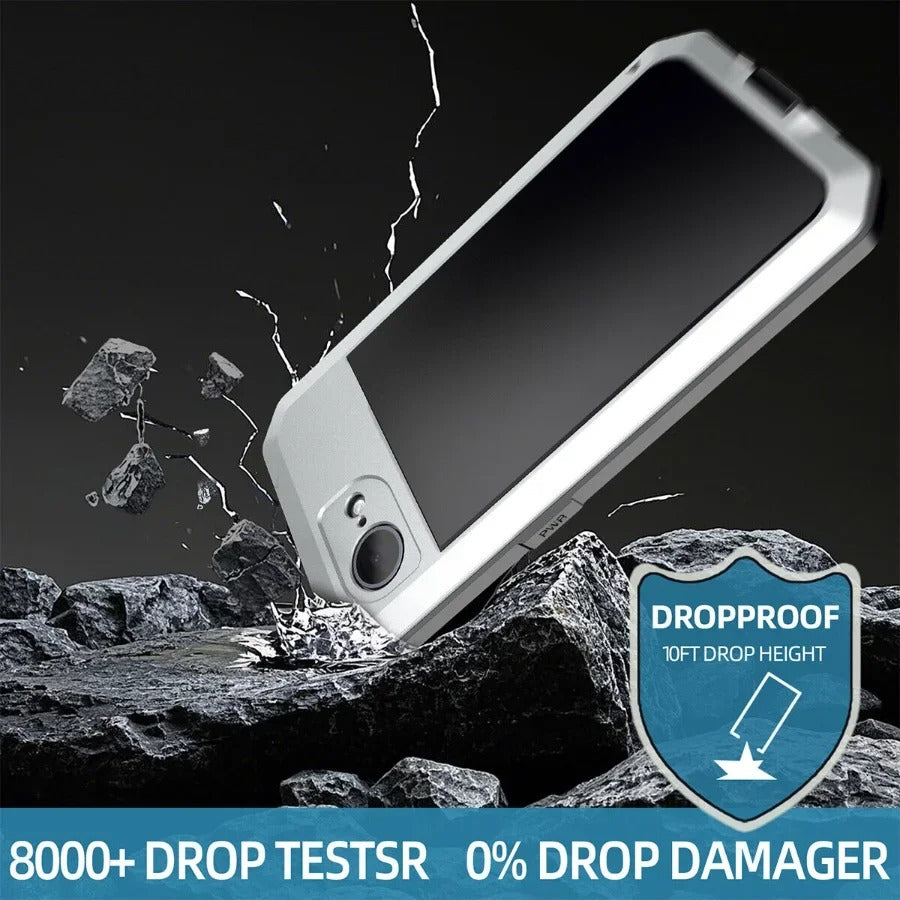 Rugged iPhone Case — Heavy-Duty Metal Protective Cover with Built-In Glass Screen Protector and Tough Shockproof TPU+PC Design